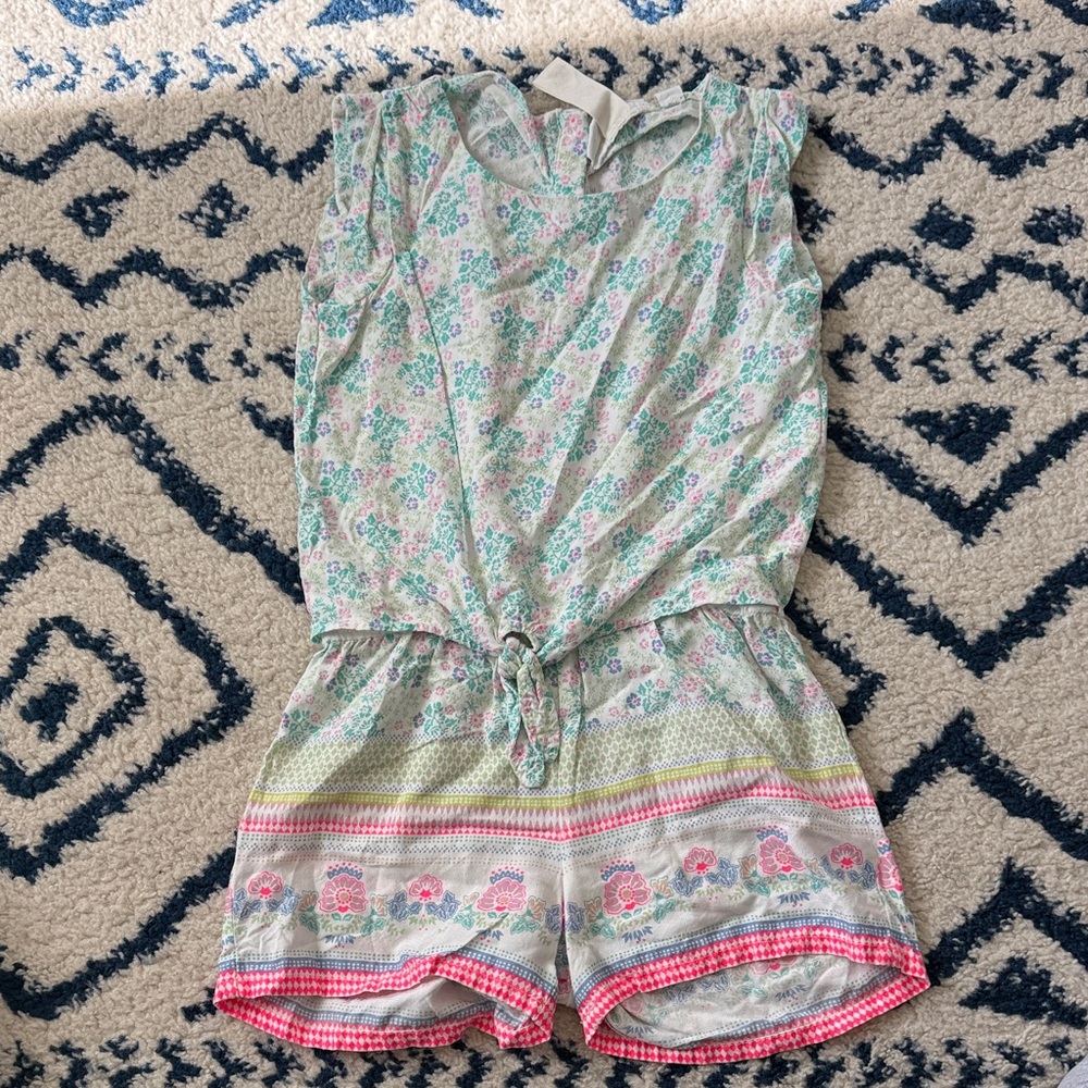 H&M Floral Tie-Front Girls' One-Piece Romper in Mint Green and Pink